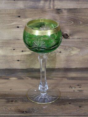 Bohemian Glass Wine Hock Goblet Green Cut to Clear with Gold Gild Rim